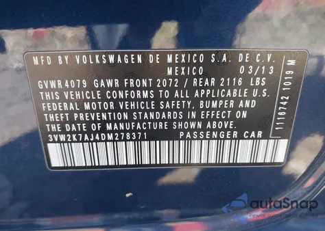 2013 Volkswagen Jetta S from USA, damaged, VIN 3VW2K7AJ4DM278371